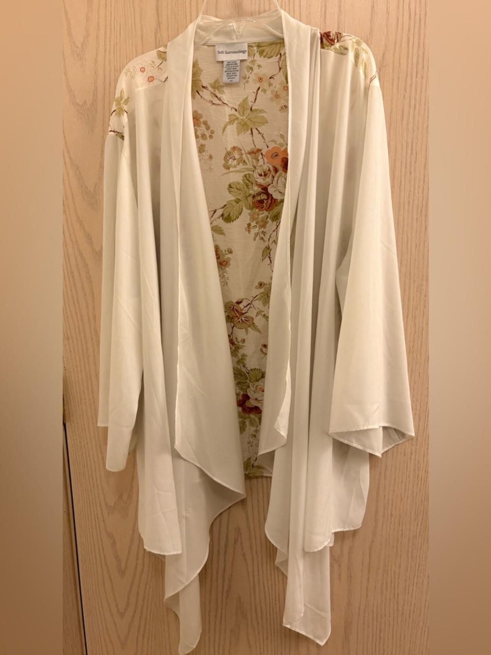 Soft Surroundings Cream Open-Front Cotton/Silk Cardigan with Floral Lining
